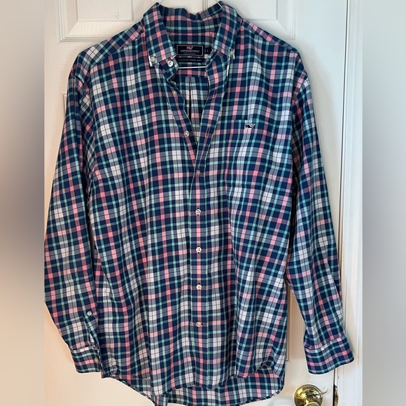 Vineyard Vines Performance Classic Fit Tucker Shirt - Pink & Green Plaid, L - Picture 2 of 3